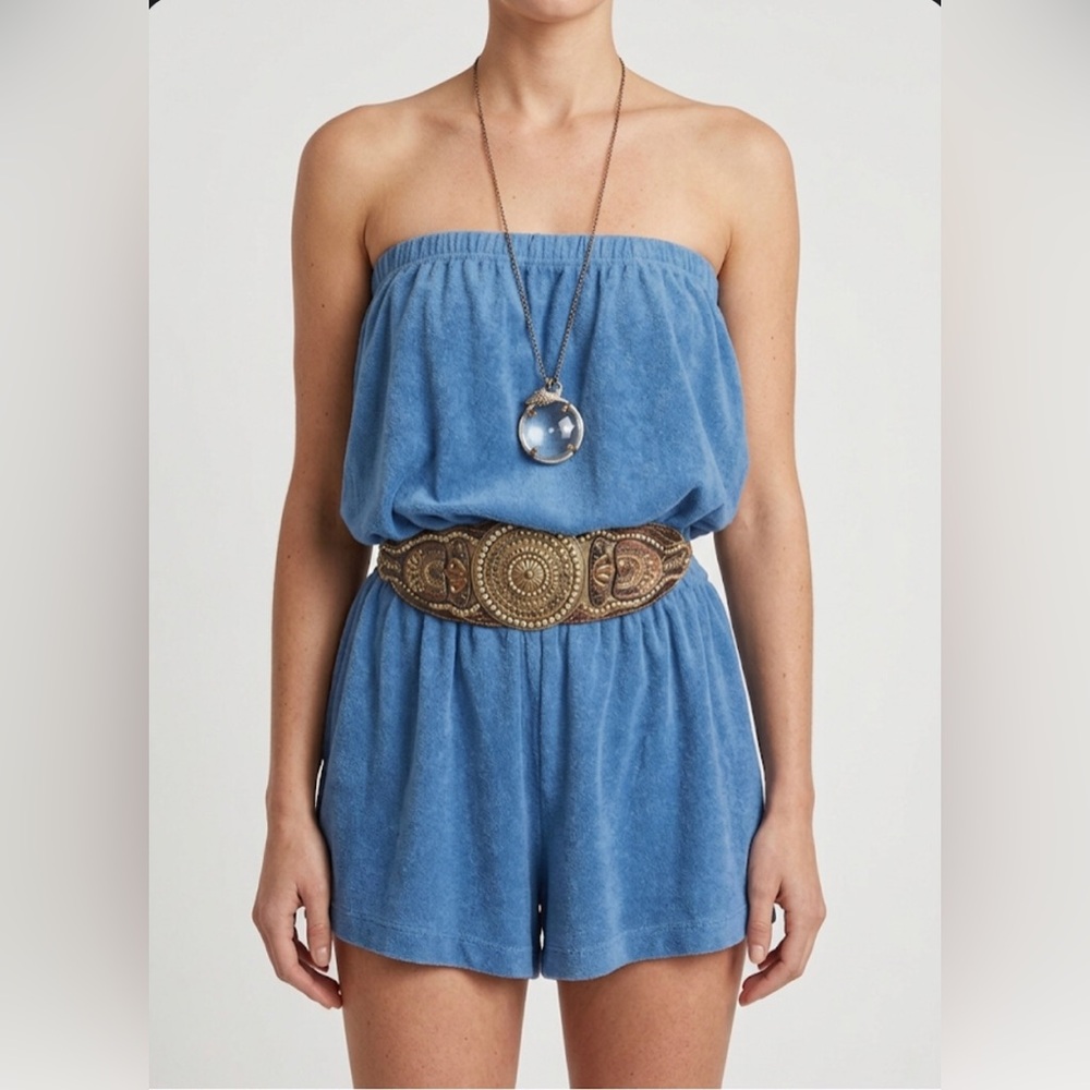 Vintage 80s Cerulean Blue Terri Cloth very Carrie Bradshaw Summer Romper